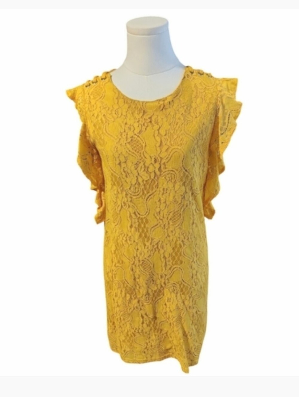 Molly Bracken Yellow Full Lace Overlay Dress With Ruffled Shoulders Size Small